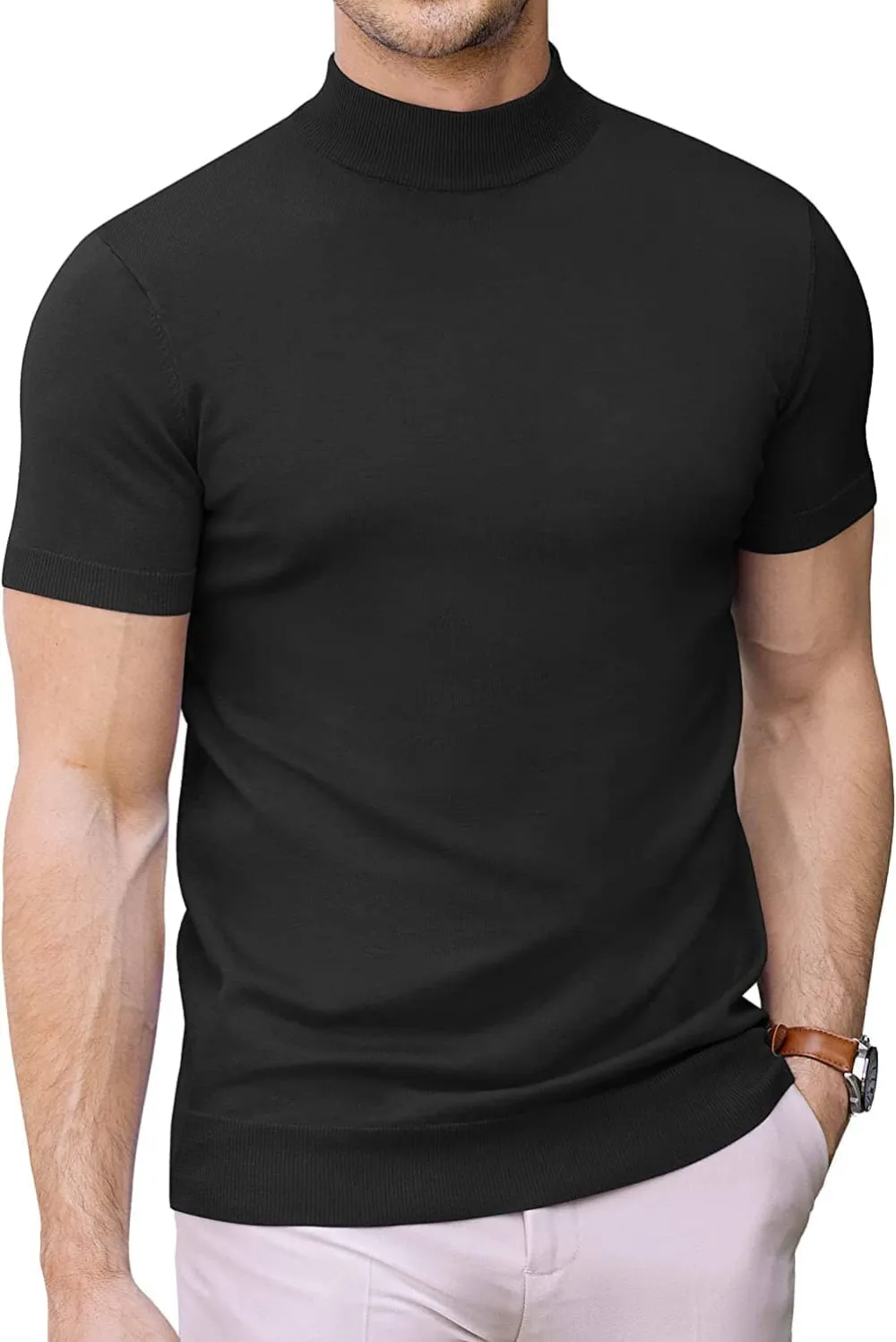 Turtleneck Basic Slim Fit Knitted Short Sleeve Shirt Sweater