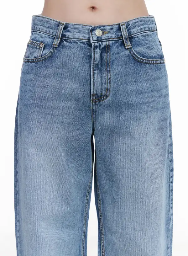 Stitch-Detail Vintage Wash Wide Leg Jeans