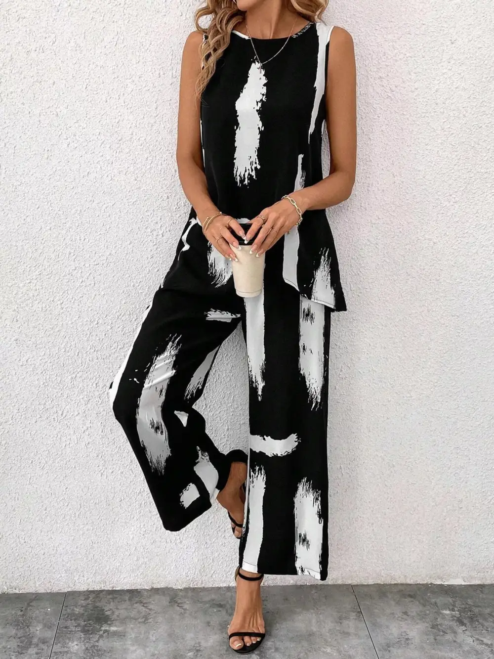 Abstract Print Sleeveless Top & Wide Leg Pants Set