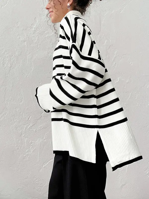 Striped High Low Split Hem Paneled High Neck Sweater