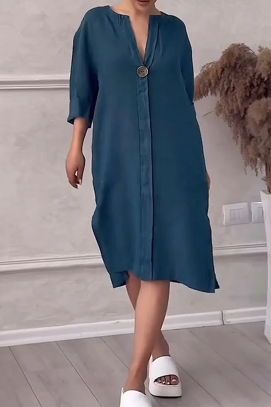 Women'S Solid Color Casual Cotton And Linen Dress
