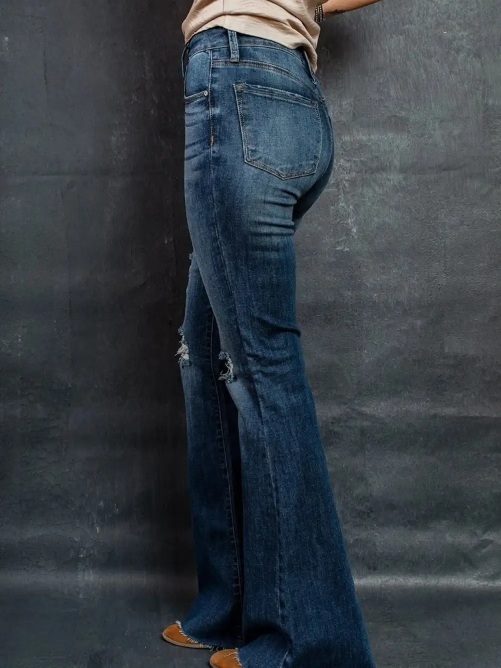 Distressed High Waisted Flared Denim Jeans