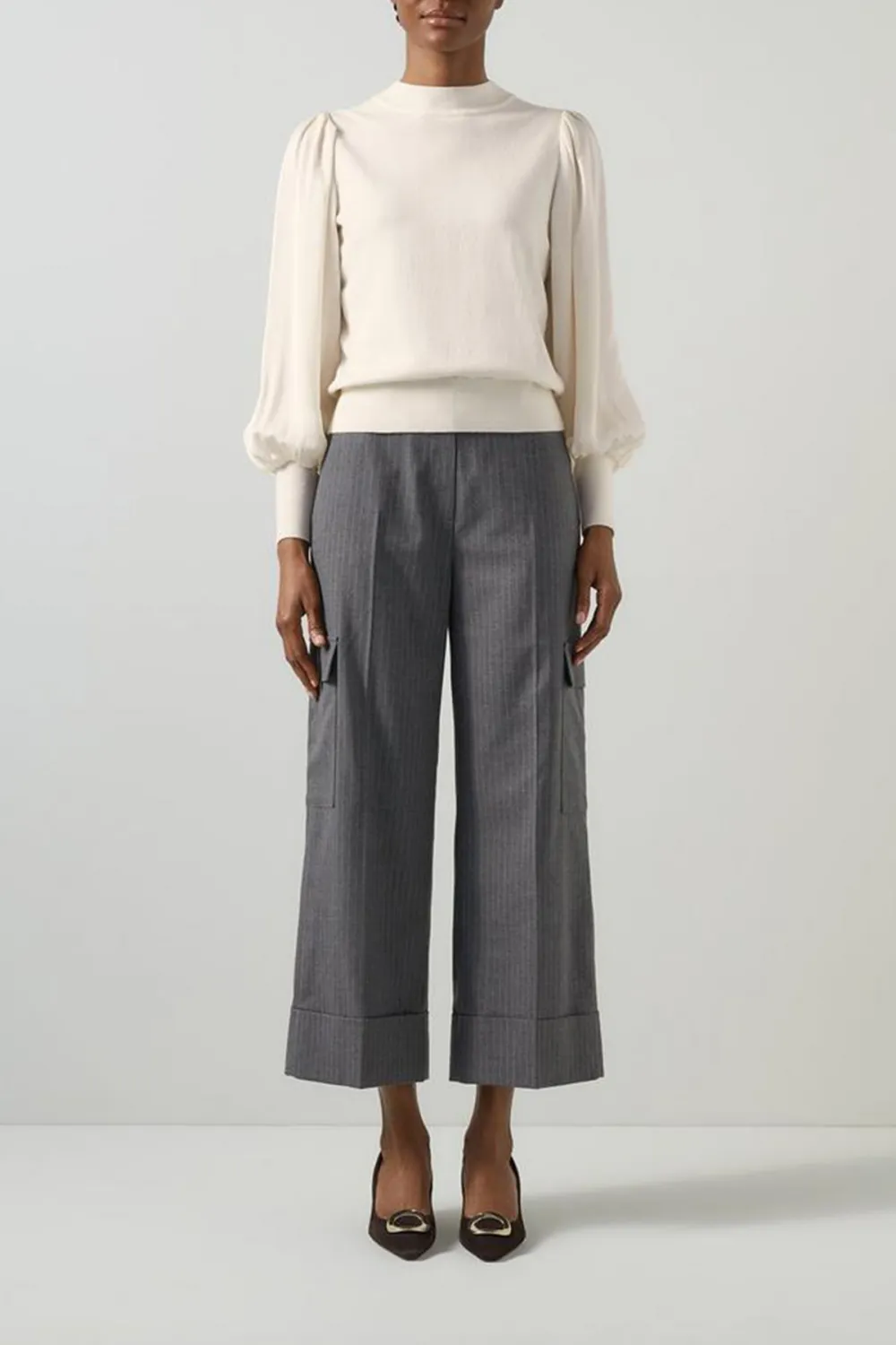 White Puff Sleeve Mock Neck Knit Sweater