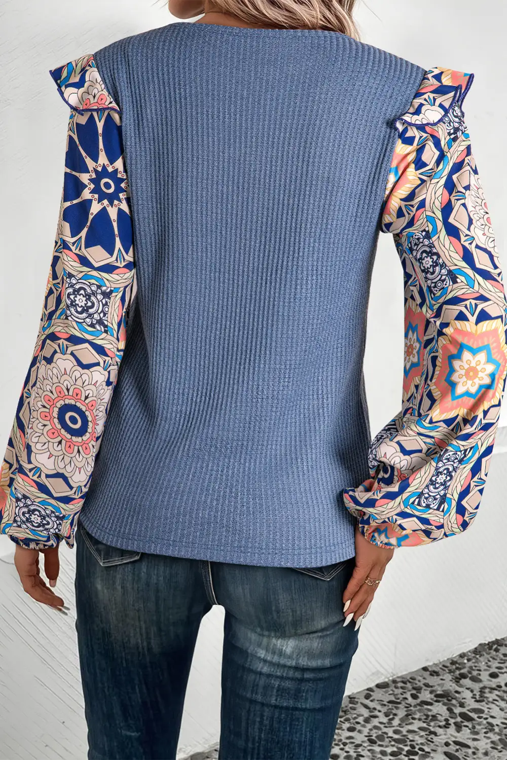 Classic Ruffled Floral Sleeve Patchwork Waffle Knit Crew Neck Blouse