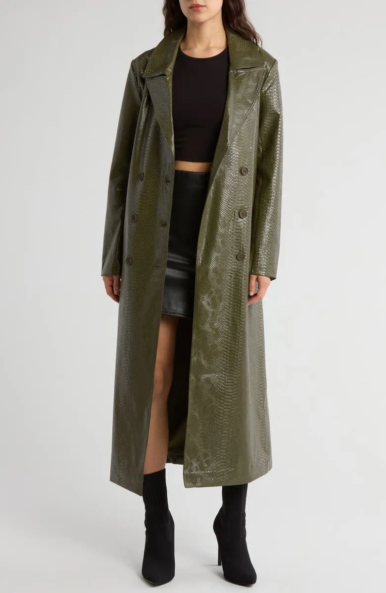 Snakeskin Embossed Faux Leather Trench Coat