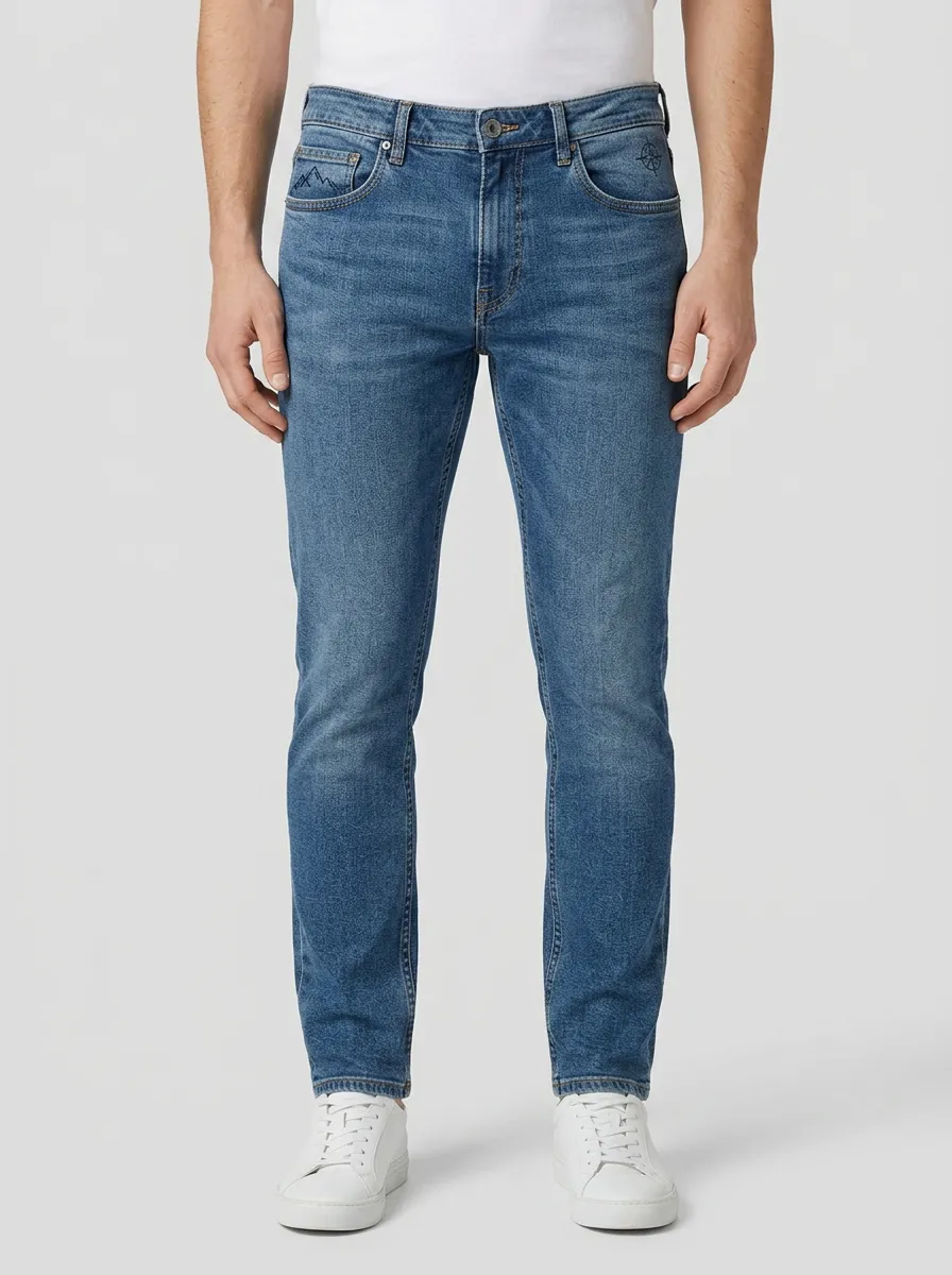 Men's Classic Everyday Mountain Compass Embroidered Stretch Denim Jeans