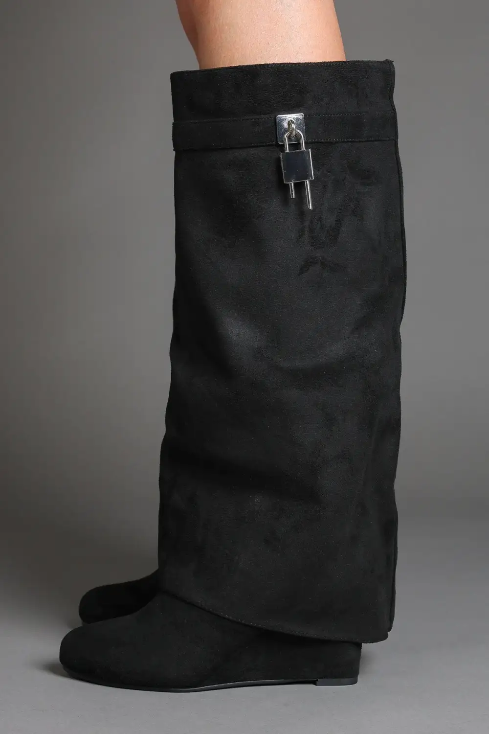 Fold-Over Padlock Detail Wedge Faux Suede Knee High Boots