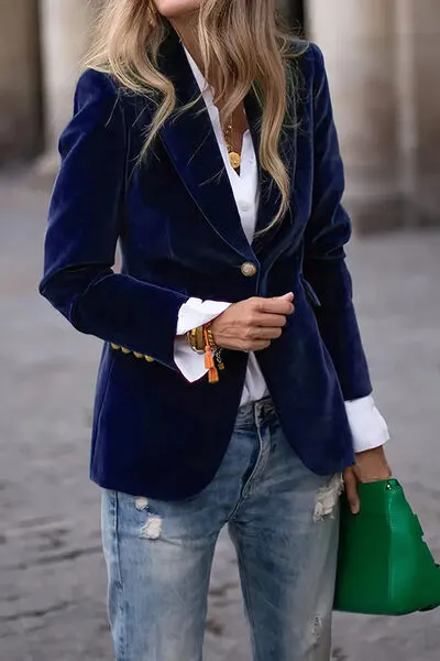 Single-Button Lapel-Collar Long-Sleeve Blazer