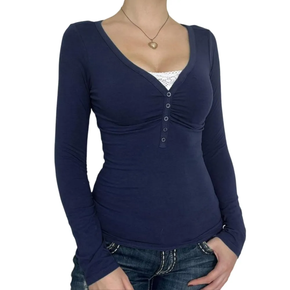 Women's Contrast Lace Button V Neck Tee