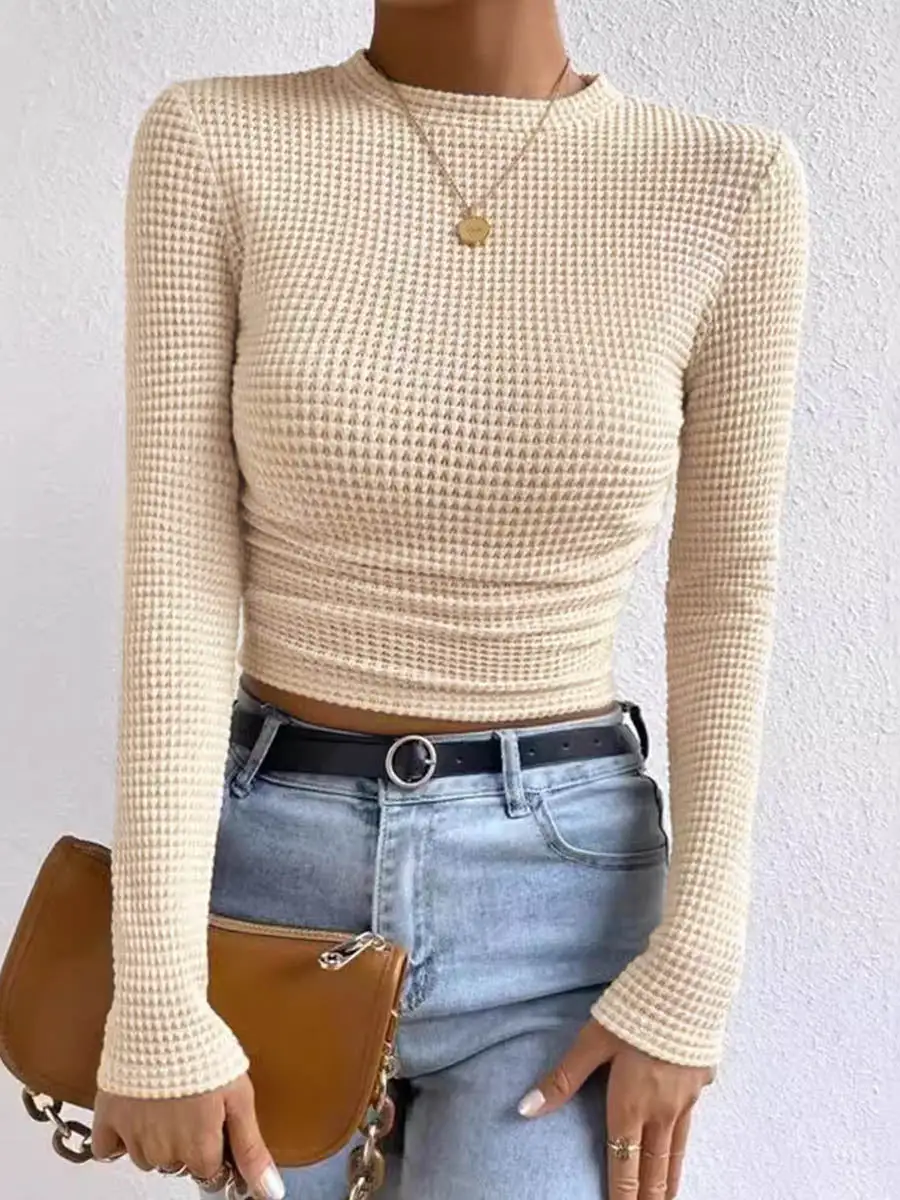 Long Sleeve Slim Fit Pleat Detail Panel Detail Textured Waffle Check Round Neck T-Shirt