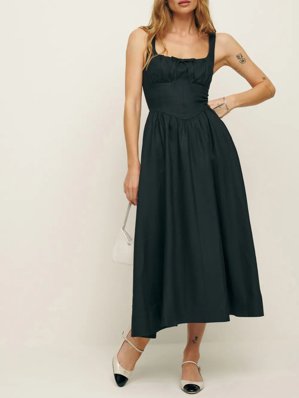 Square Neck Linen A Line Midi Dress