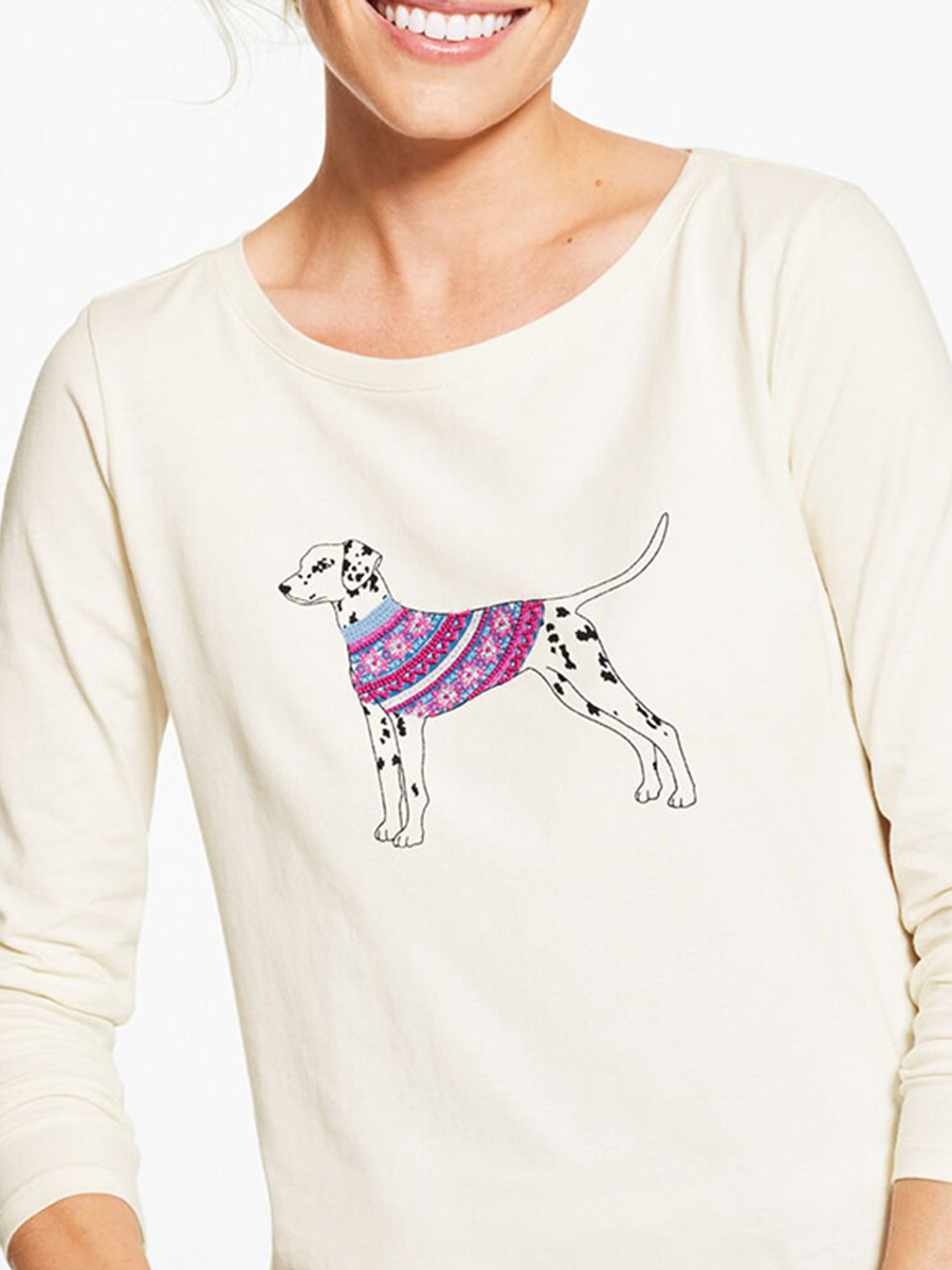 Lady'S Simple And Cute Spotted Dog Long-Sleeved T-Shirt