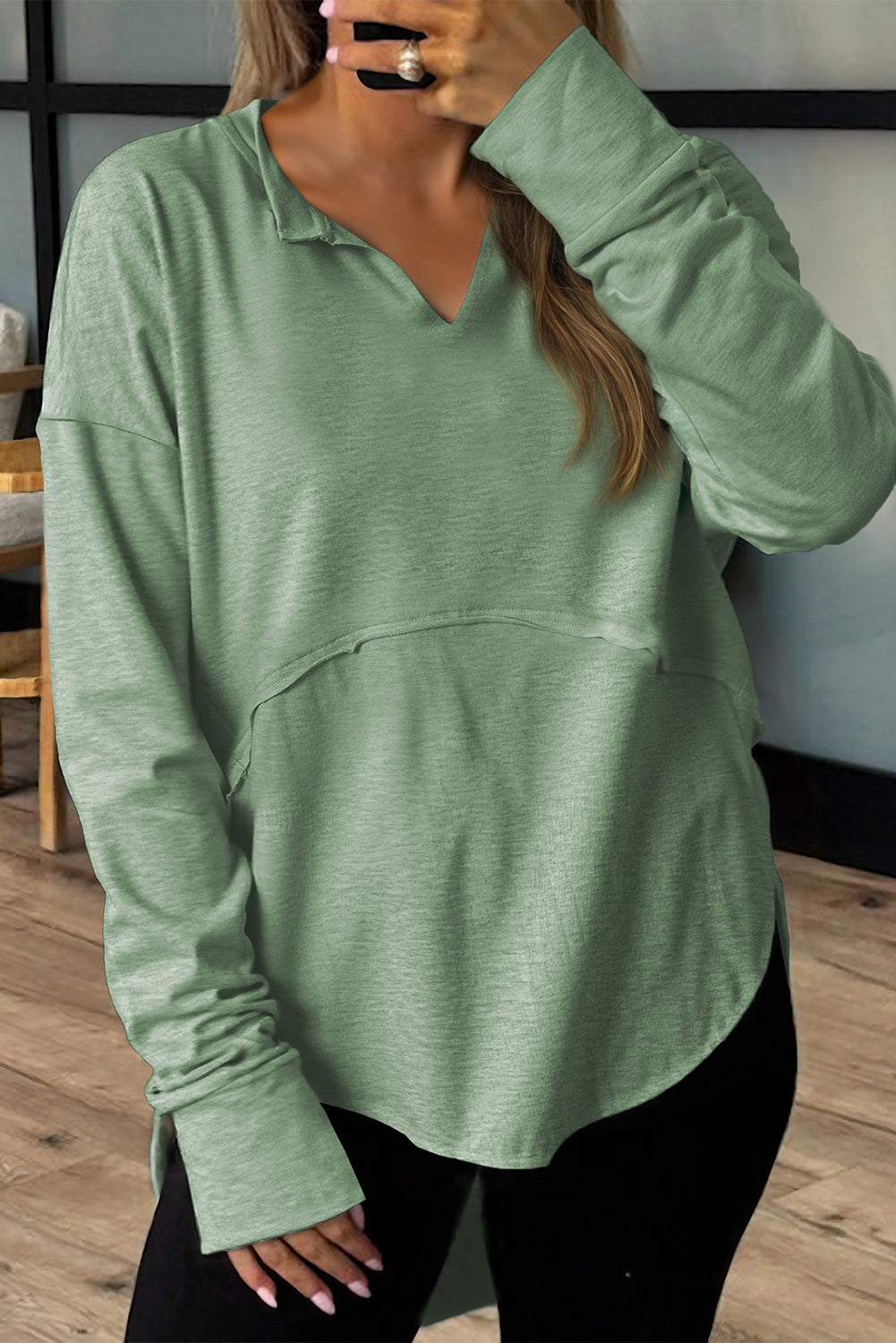 Women's Terry Notched Neck Long Sleeve Top