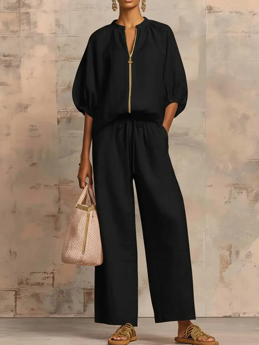 Half Sleeve Relaxed Drawstring Blouse And Pants Set