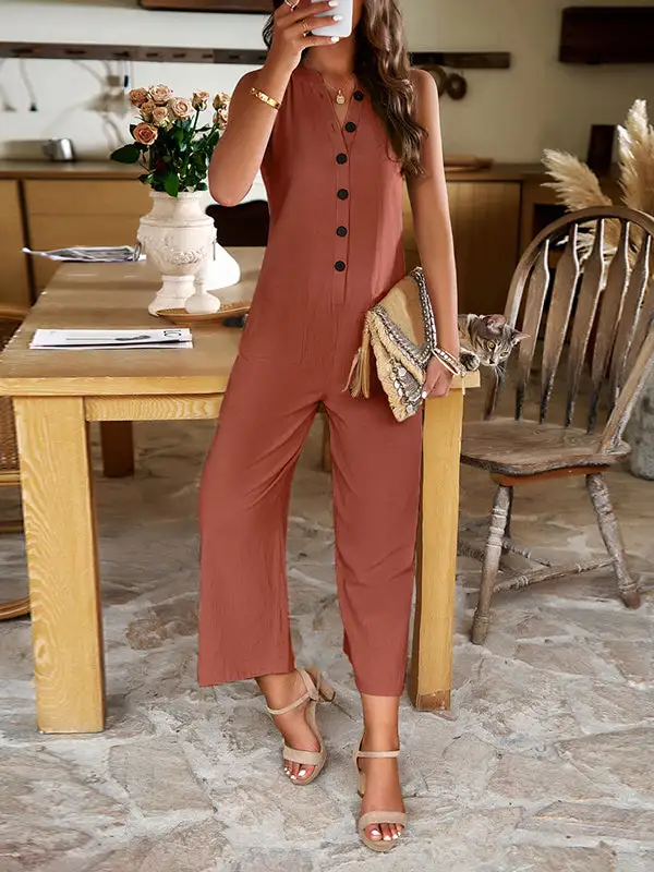Losse Mouwloze Jumpsuits Met Split Joint V Hals
