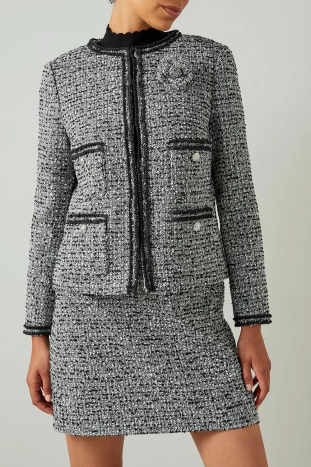 Grey Tweed Short Jacket With Contrast Trims