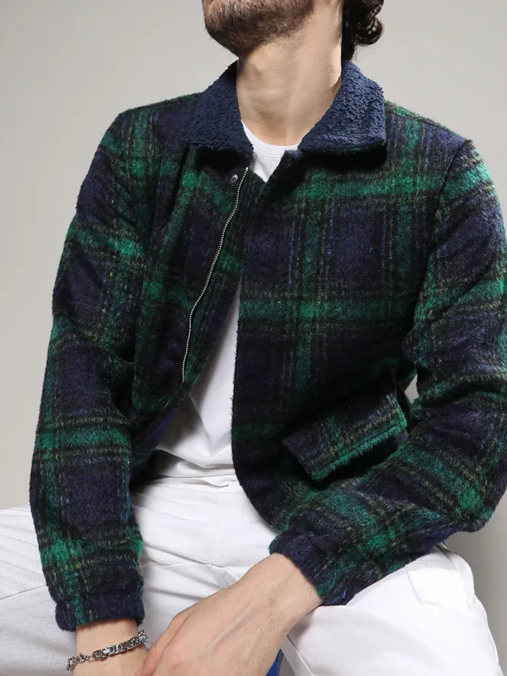 Plaid Pattern Sherpa Collar Jacket