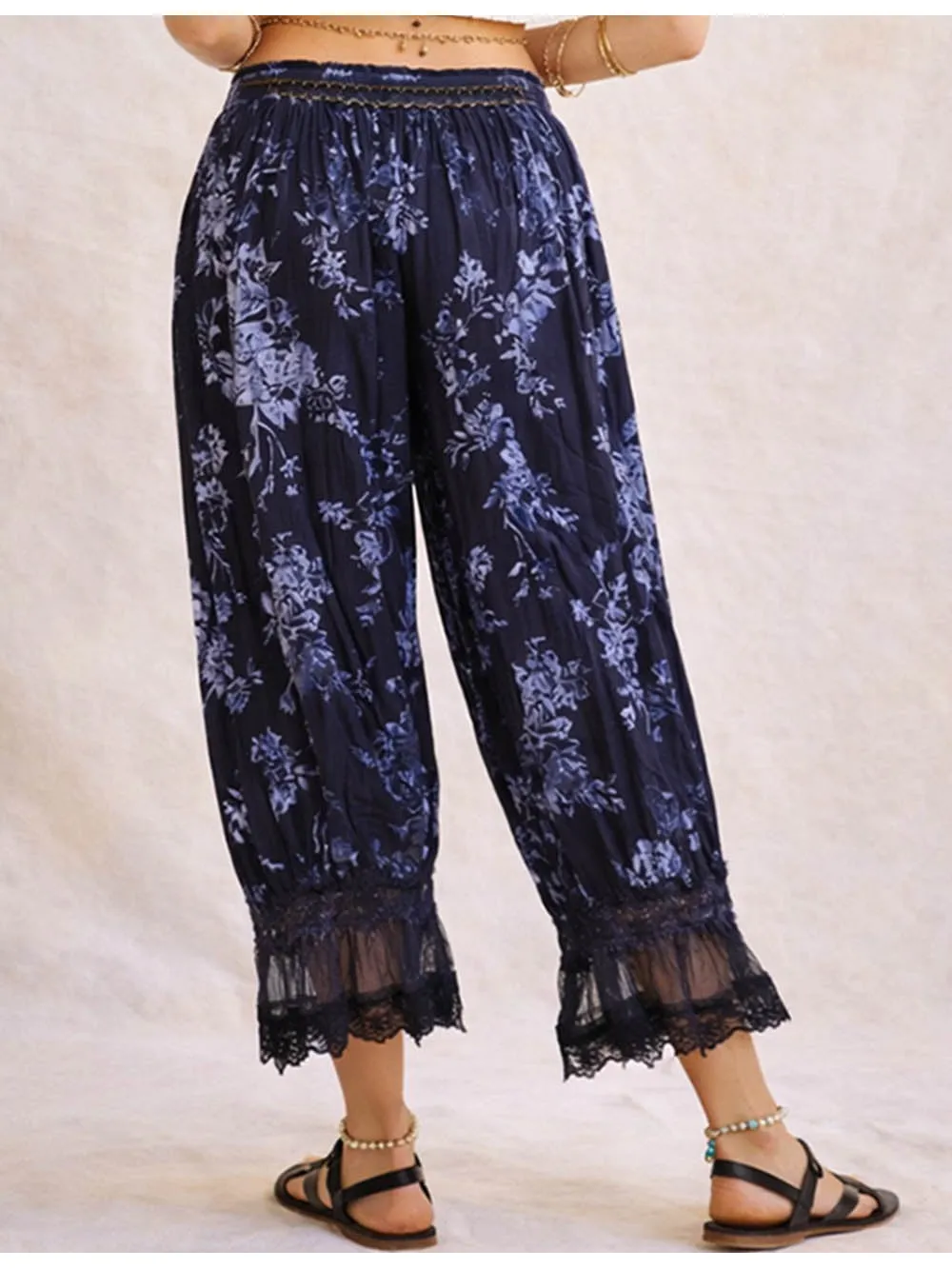 Lace Hem Flocked Elastic Waist Lantern Pants