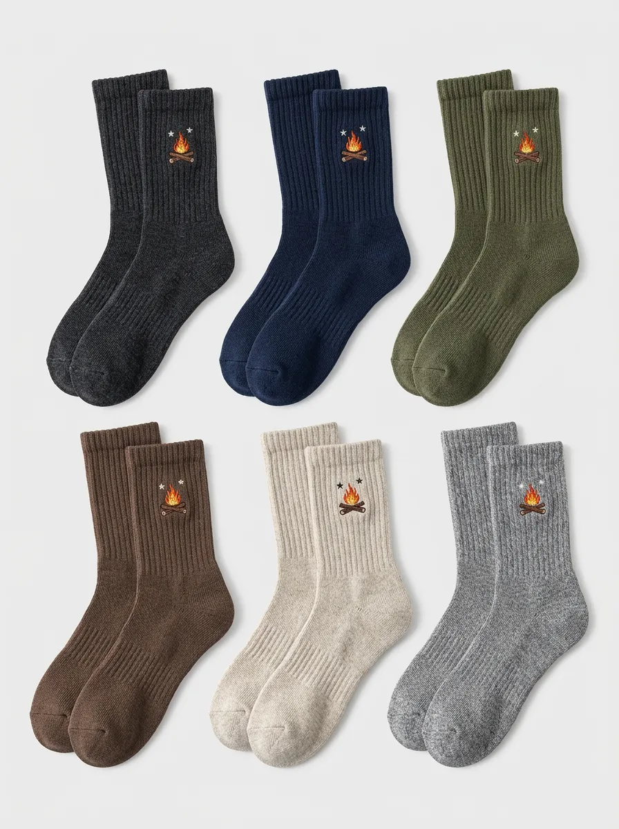 Men's Six-Pair Campfire Star Embroidered Ribbed Crew Sock Set