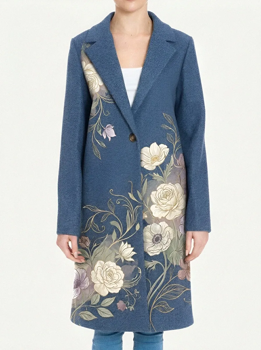 Women's Front Panel Floral Art Grey Wool Blend Coat