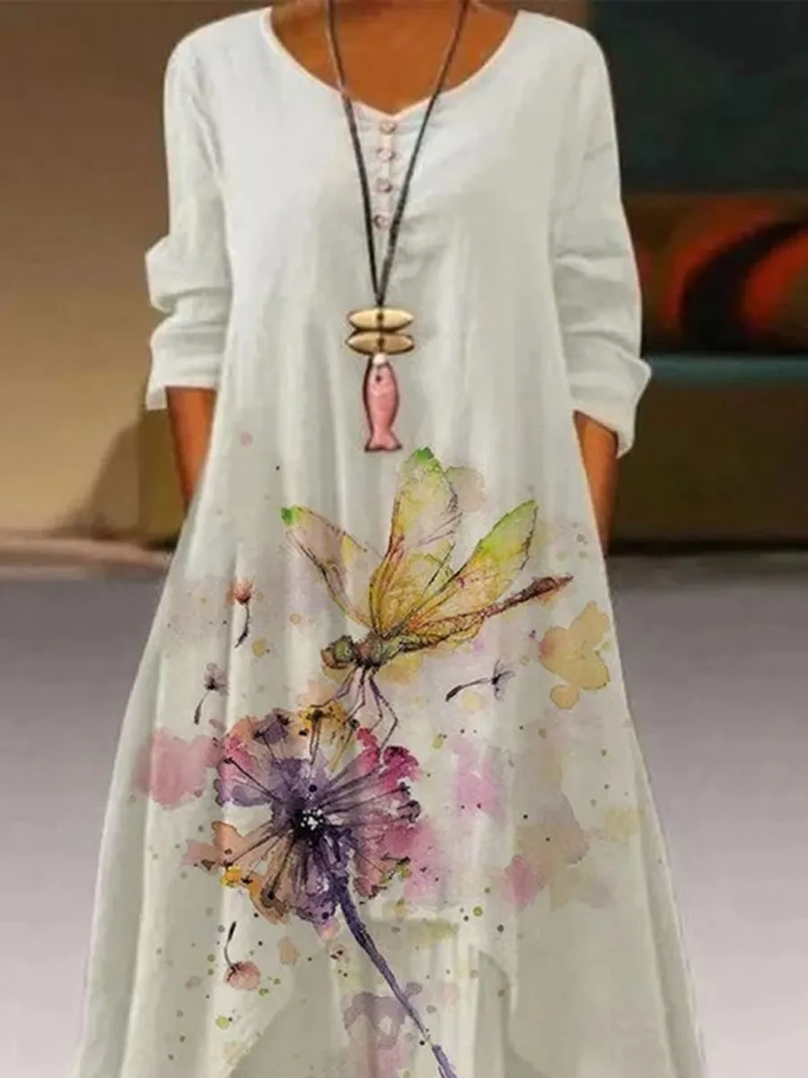 Round Neck Dandelion Print Loose Long Sleeve Maxi Dress