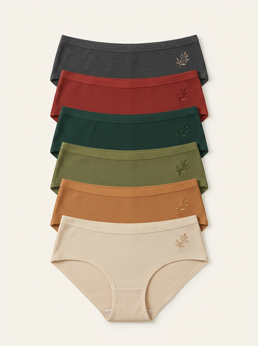 Women's Six-Pair Ribbed Side-Leaf Embroidered Brief Set