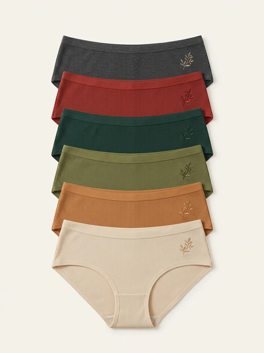 Women's Six-Pair Ribbed Side-Leaf Embroidered Brief Set