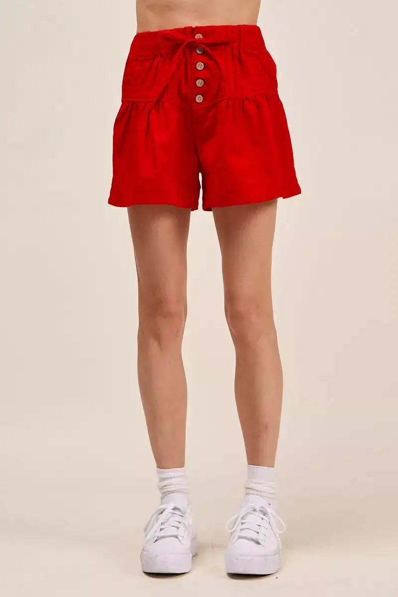 Solid Twill Denim Pintucked Buttoned Shorts with Waist Tie