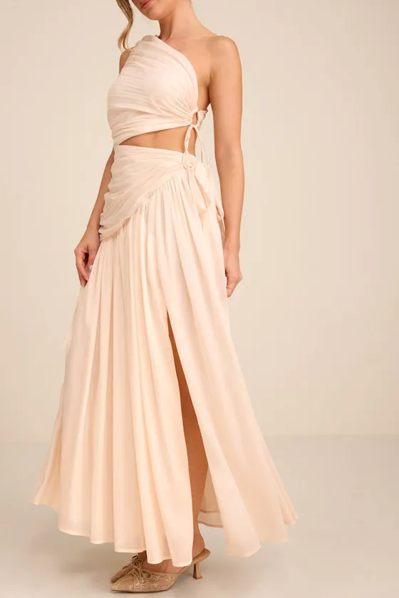 Vega Light Beige Pleated Asymmetrical Cutout Maxi Dress