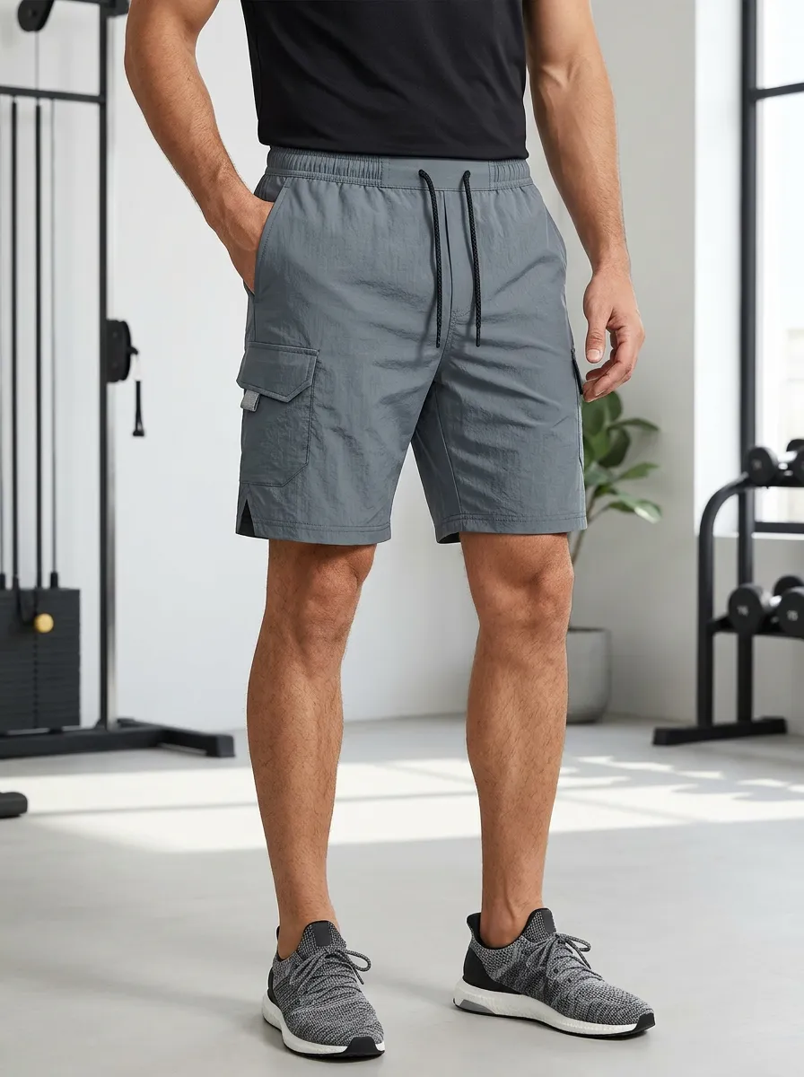Men's Gym Fitness Grey Cargo Drawstring Athletic Shorts