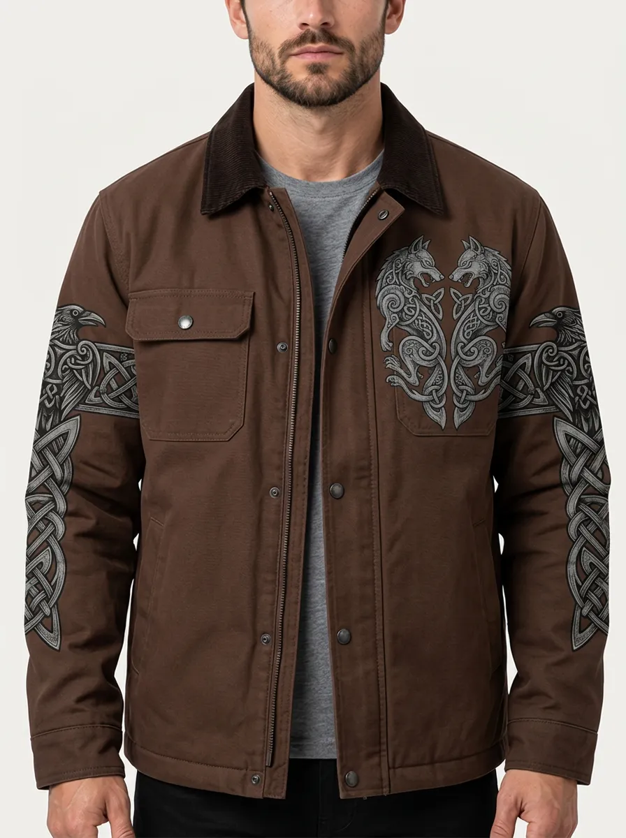 Men's Wolf-Raven Contrast-Collar Snap-Detail Utility Jacket