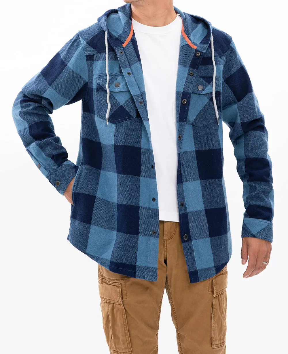 Men's Hooded Plaid Flannel Shirt Jacket with Hand Pockets