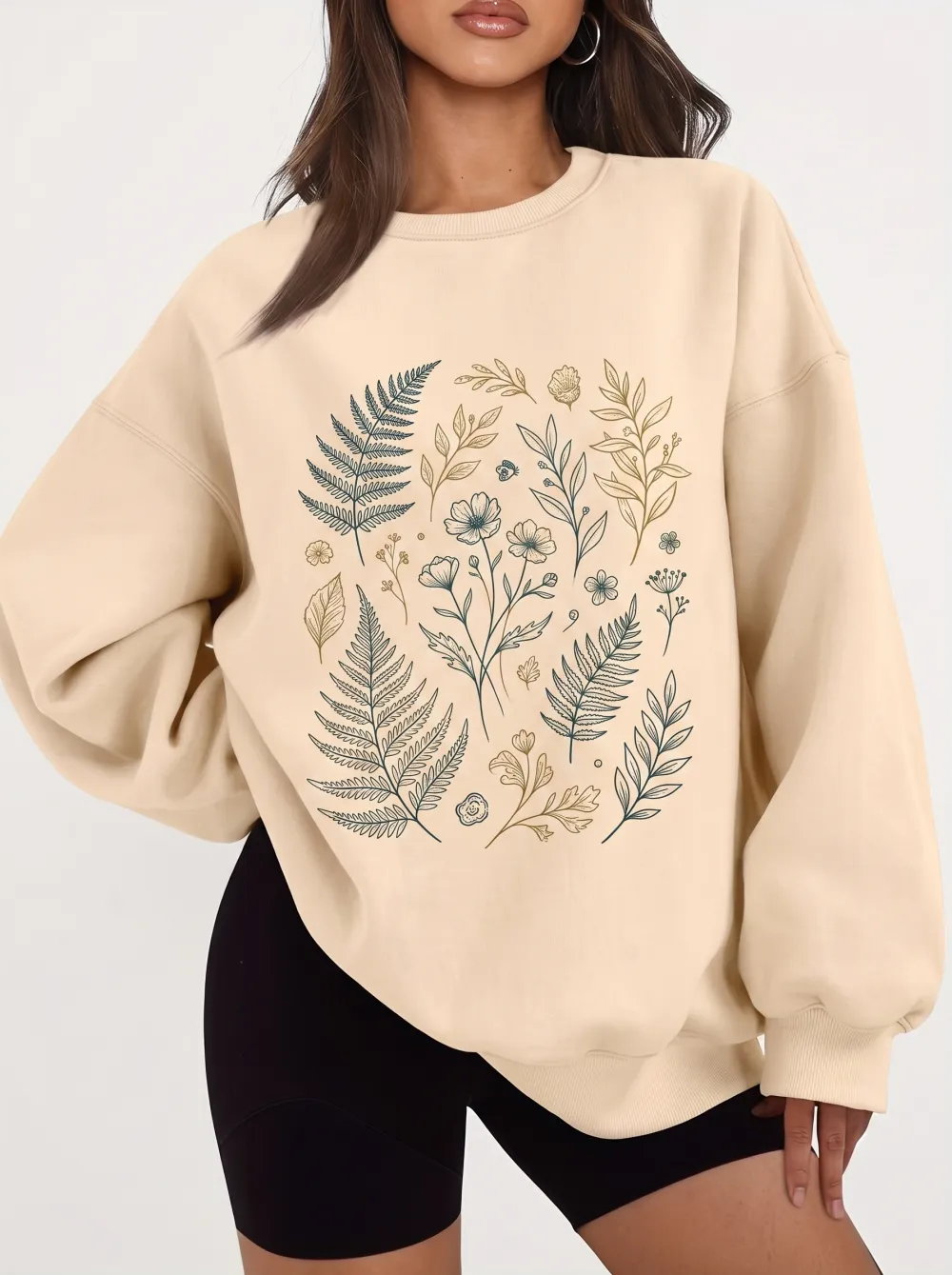 Women's Botanical Nature Lover Fern Flower Printed Sweatshirt