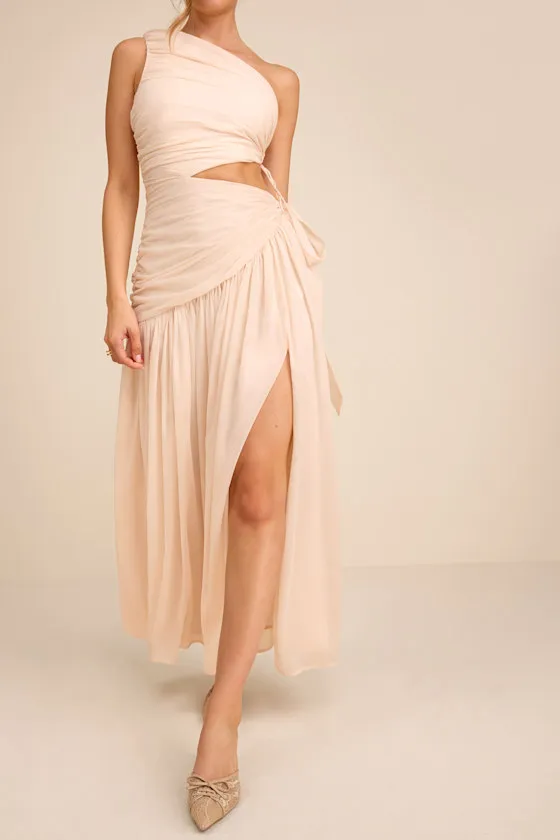 Vega Light Beige Pleated Asymmetrical Cutout Maxi Dress