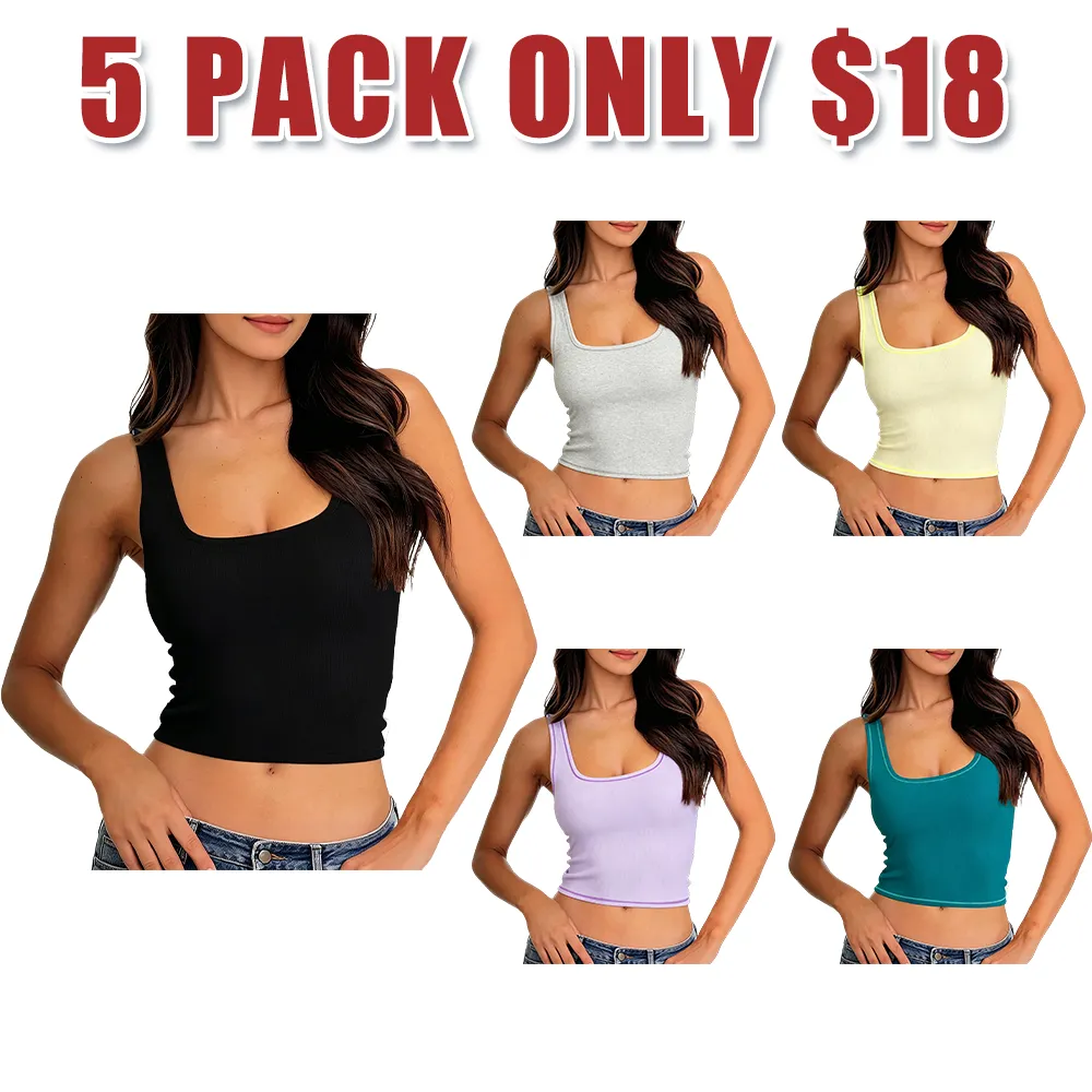 Women Rib Tank Top Padded Workout Top Square Neck Crop Tank