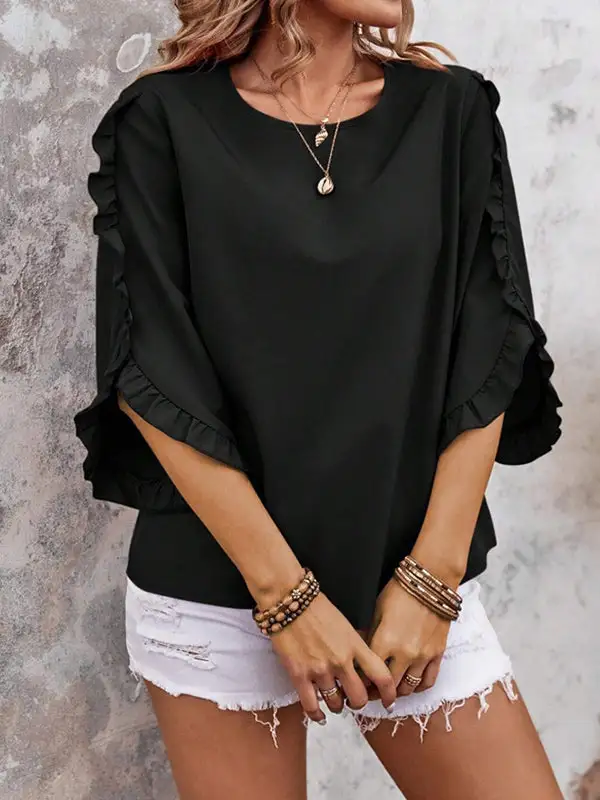Relaxed Three Quarter Sleeves Ruffle Trim Round Neck T-Shirt