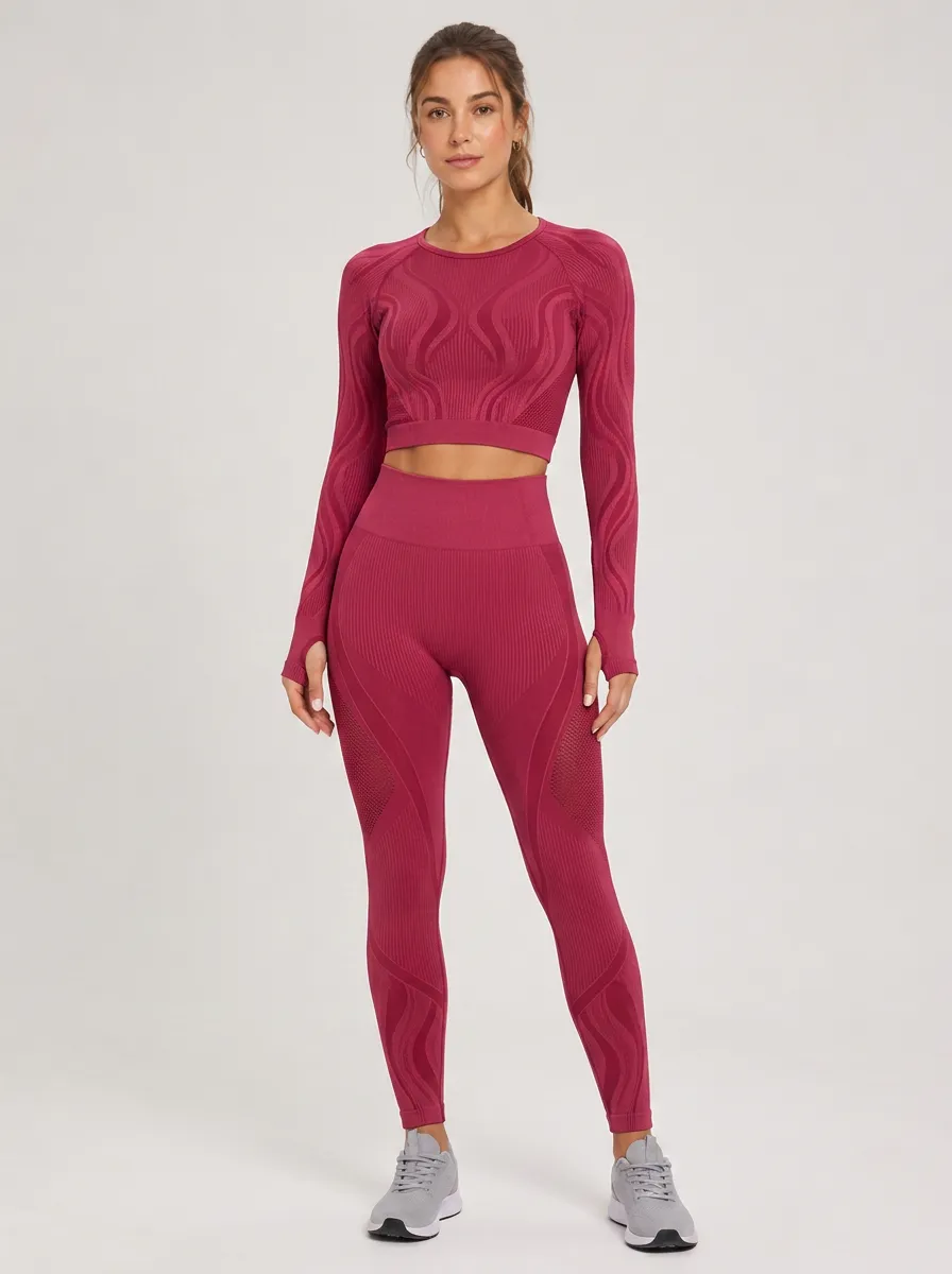 Women's Fitness Gym Lover Burgundy Seamless Printed Yoga Set