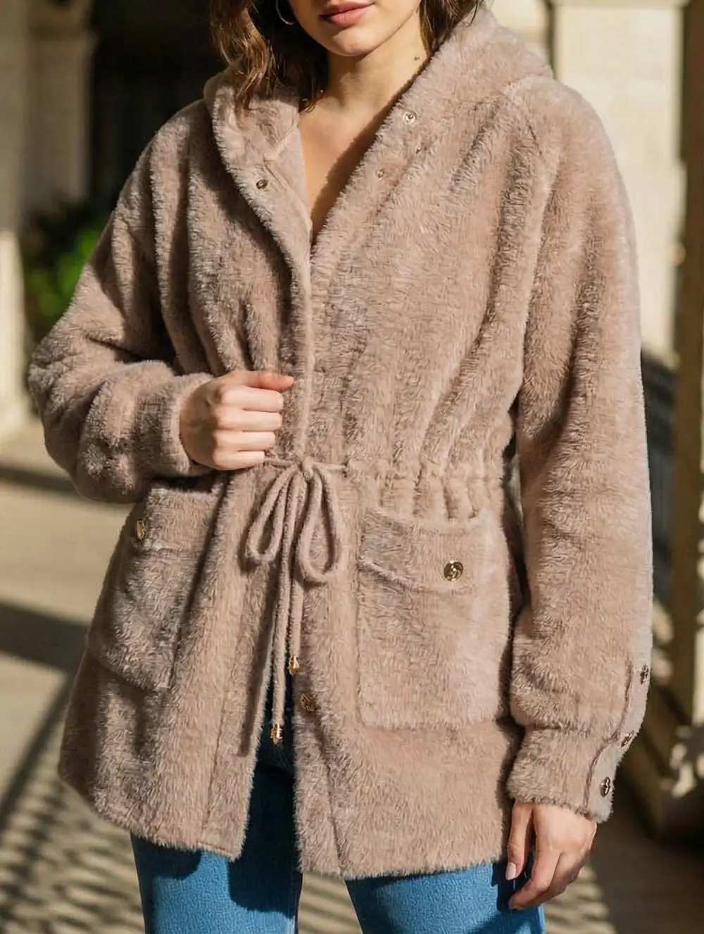 Drawstring Belt with Metal Buckle Hooded Jacket