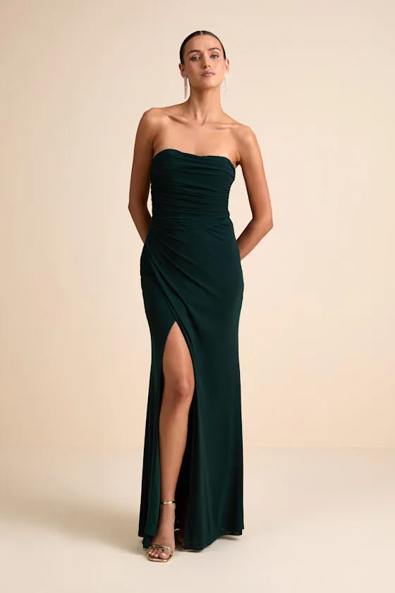 Epitome of Allure Brown Mesh Strapless Ruched Maxi Dress