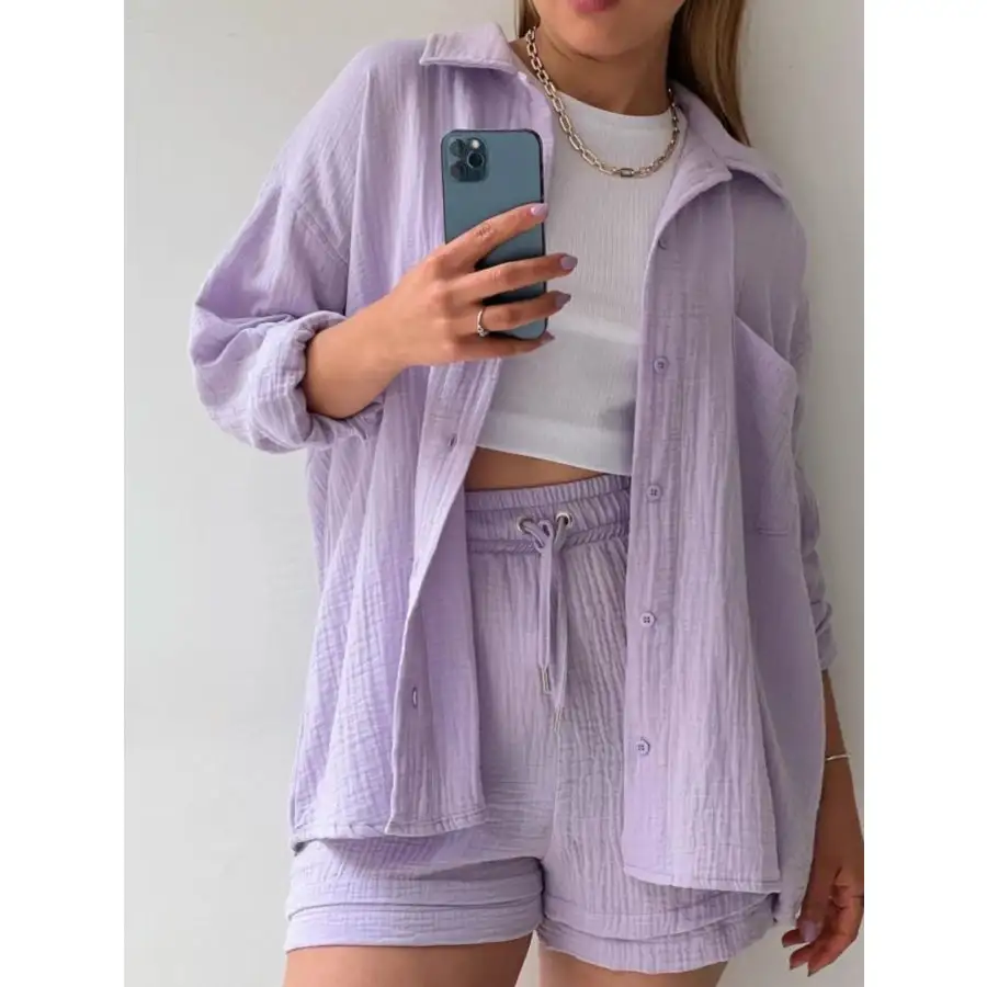Relaxed Textured Button Up Shirt and Shorts Set