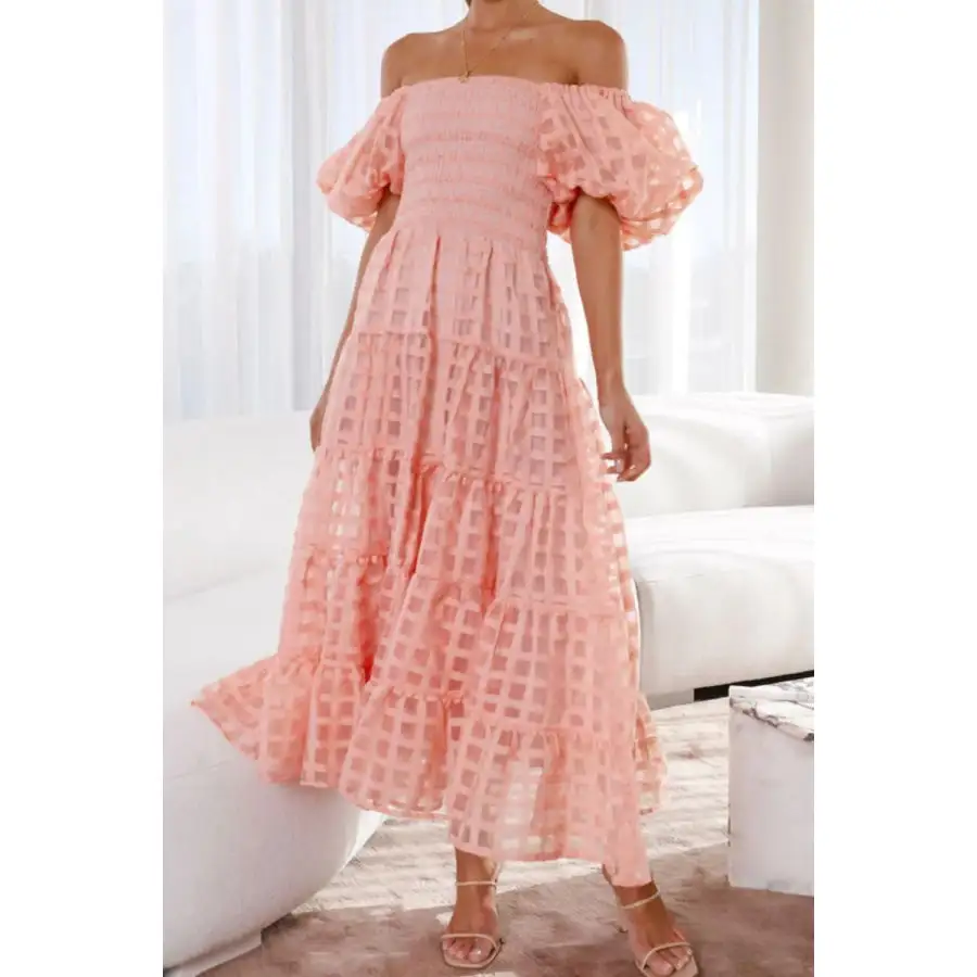 Off Shoulder Short Puff Sleeve Midi Dress