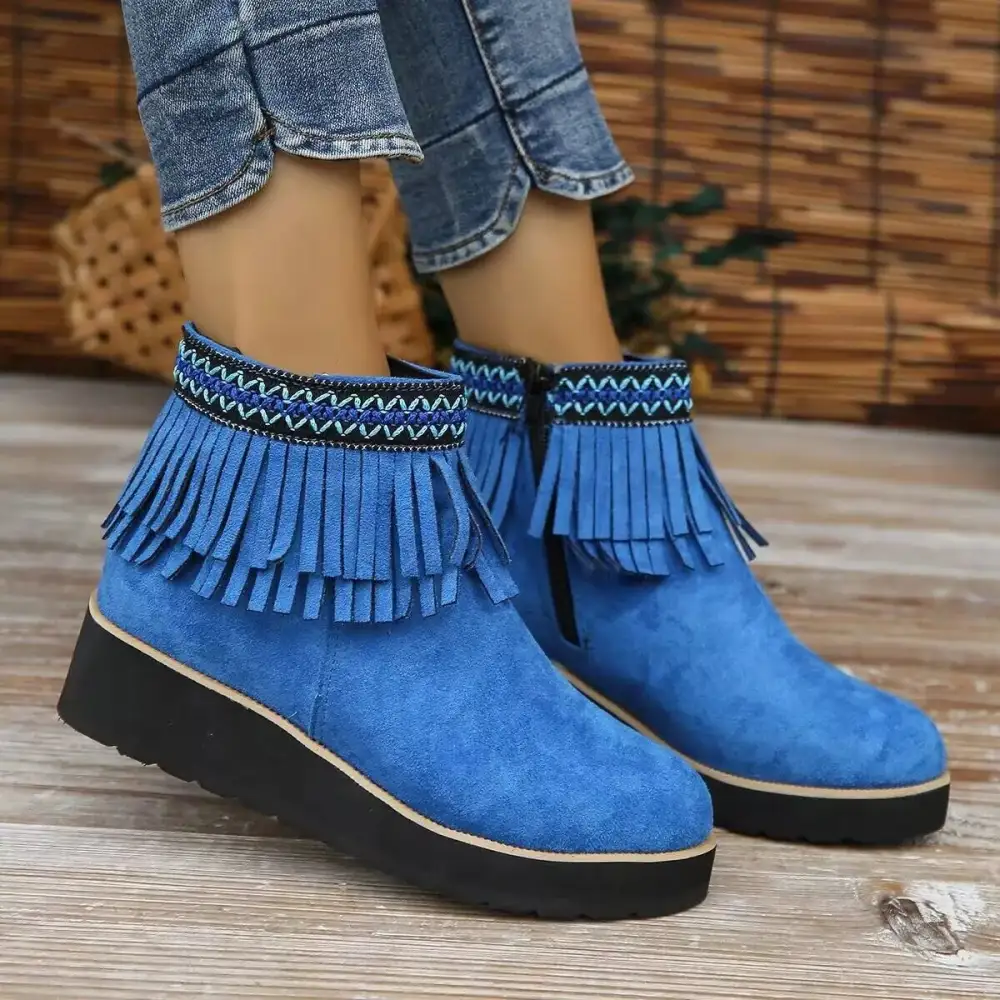 Fringe Round Toe Ankle Boots