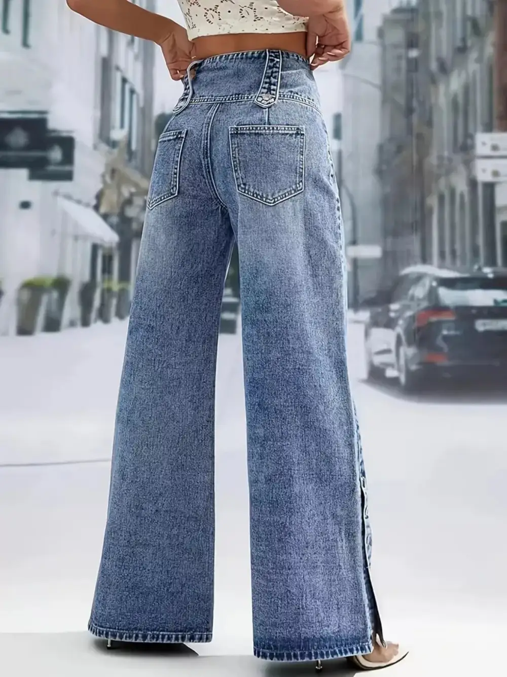 High Waist Wide Leg Button Denim Jeans
