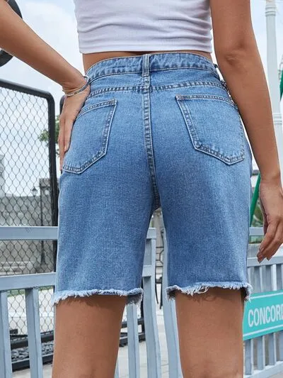 Classic Distressed Raw Hem Denim Shorts