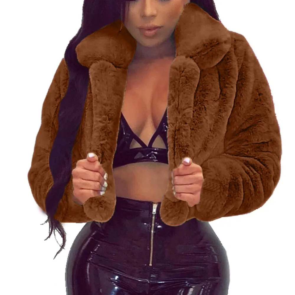 Z2-Brown Faux Fur Coat Women with Hood Cropped Bubble Coats Fleece Short Warm Jackets Plus Size Winter Coats for Women