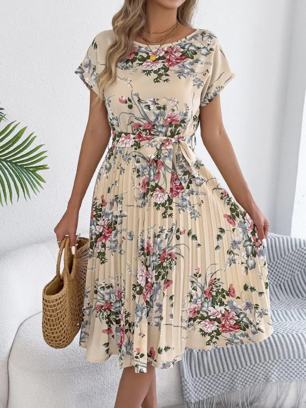 Print Pleated A-line Midi Dress