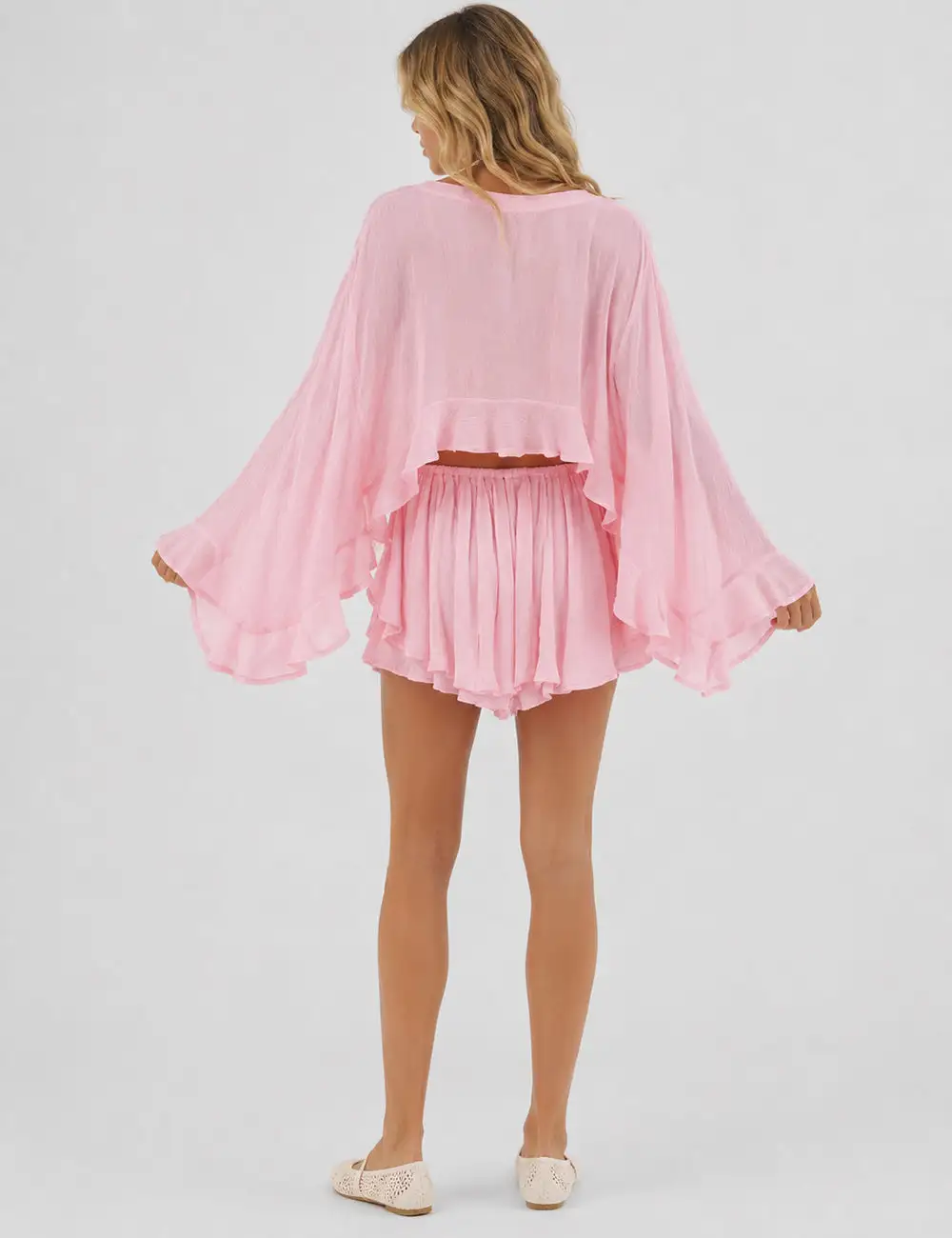 Chic Ruffle Sheer Chiffon Blouse and Skorts Set