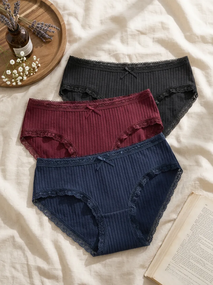 Women's Bow Detail Ribbed Lace Trim 3-Piece Panty Set
