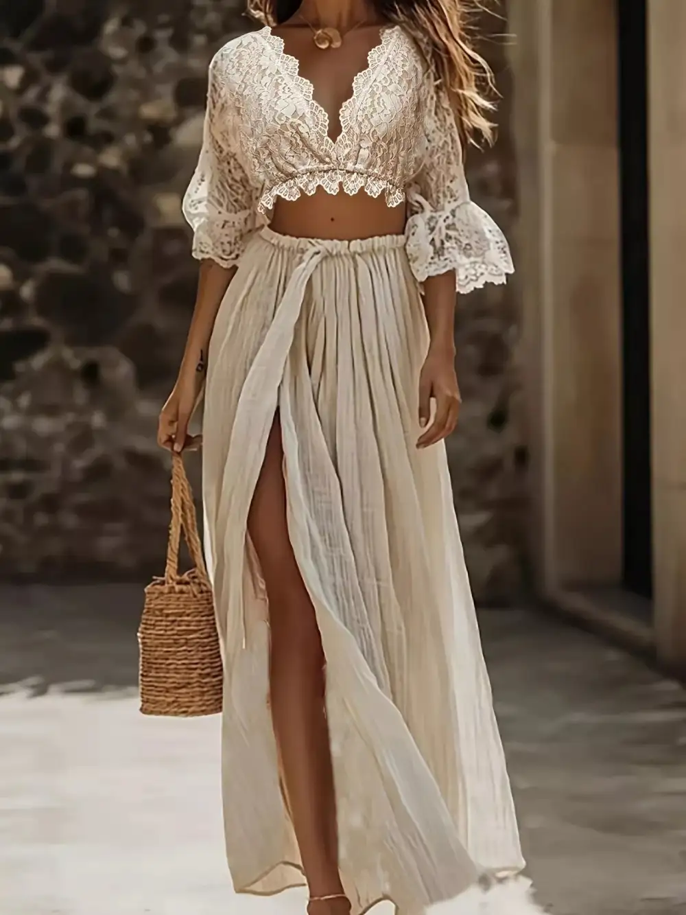 Modern Cropped Lace Detail Coordinated Set