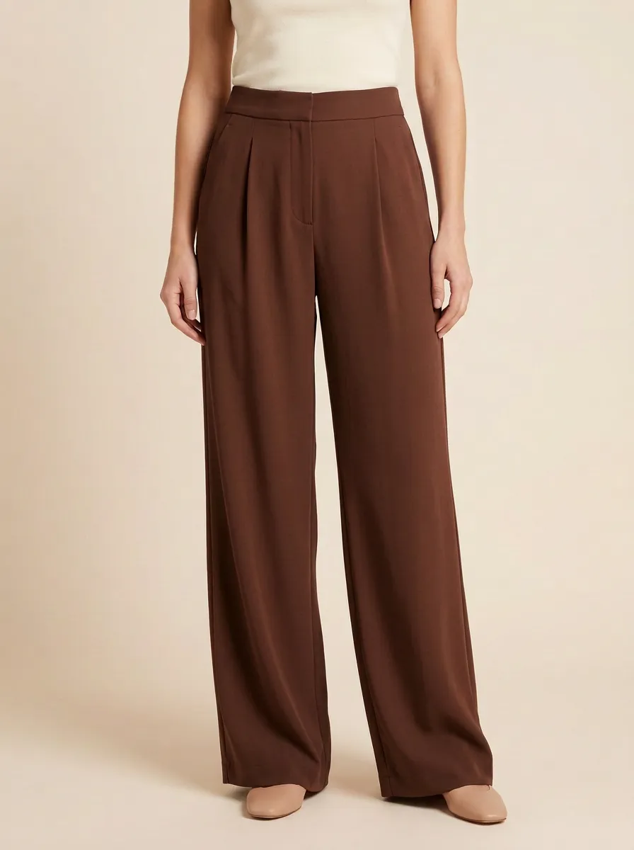 Clean-Line Wide-Leg Pleated Solid Women's Wide-Leg Pants